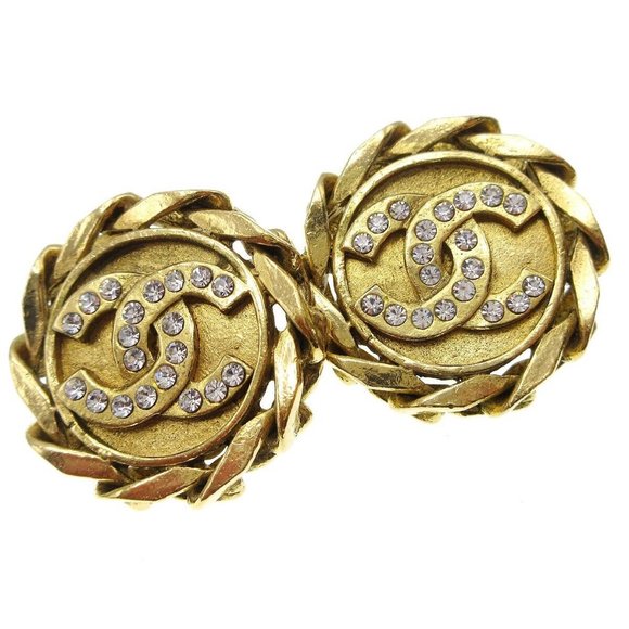 CHANEL CC Logos Button Motif Rhinestone Earrings Clip-On 23 Gold 87952 - Picture 3 of 4